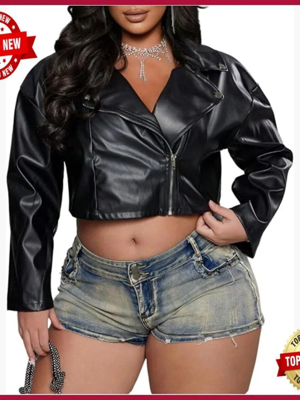 Plus Size Faux Leather Bomber Jacket Crop Motorcycle Biker Coat